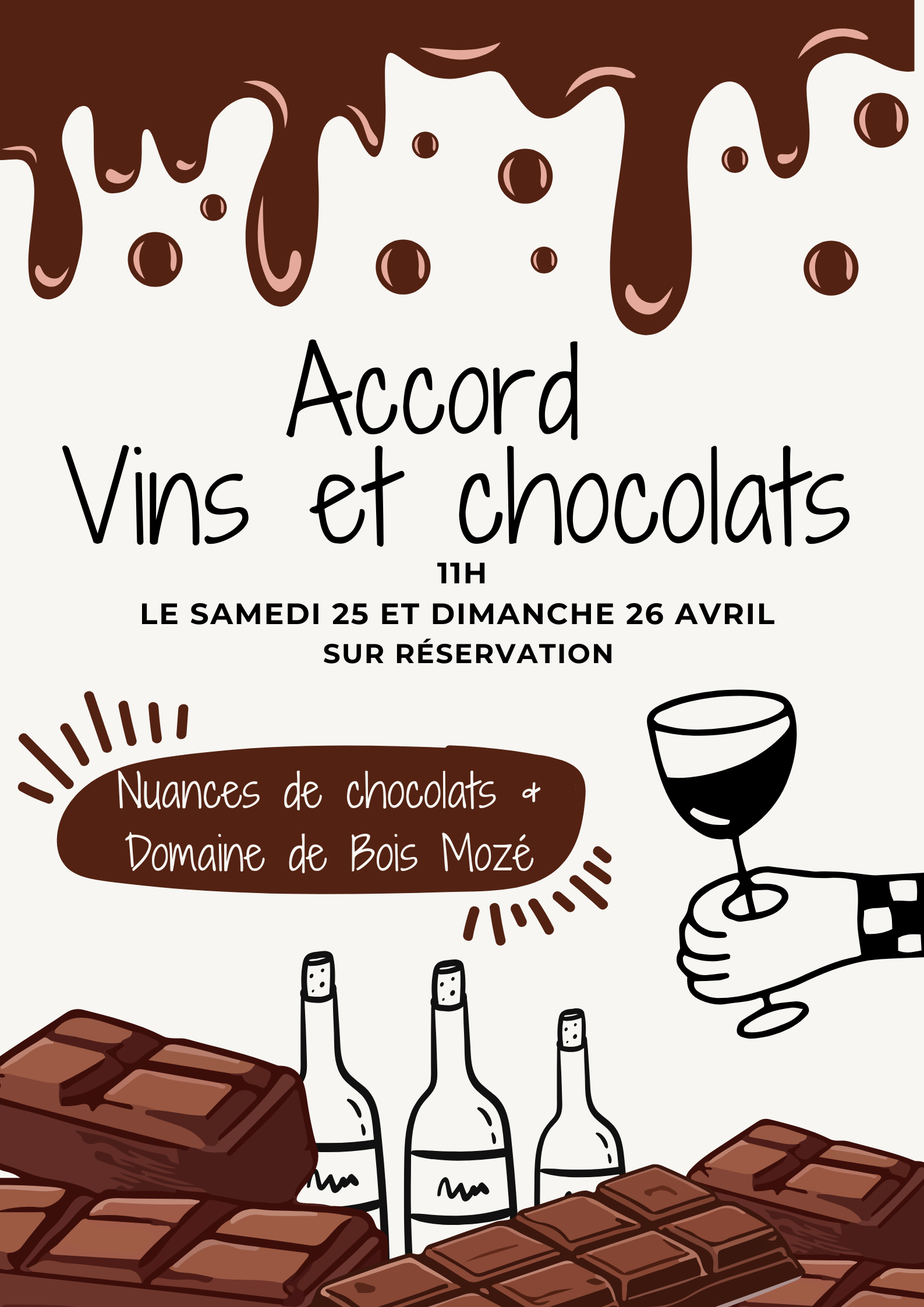 Ateliers accords Vins et Chocolats - Domaine de Bois Mozé - le samedi 25 et dimanche 26 avril à 11h - uniquement sur réservation.